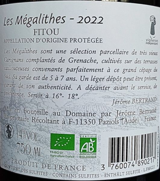 Domaine Bertrand Bergé Les Mégalithes 2022, AOP Fitou, Rotwein, trocken, 0,75l